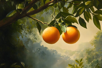 two oranges hanging from a tree in a painting