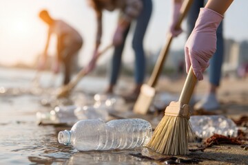Diverse group cleaning plastic bottles and trash from beach shoreline