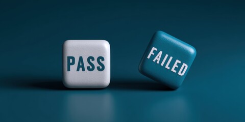 Close-up of two gaming dice one showing pass and the other failed with blue background.
