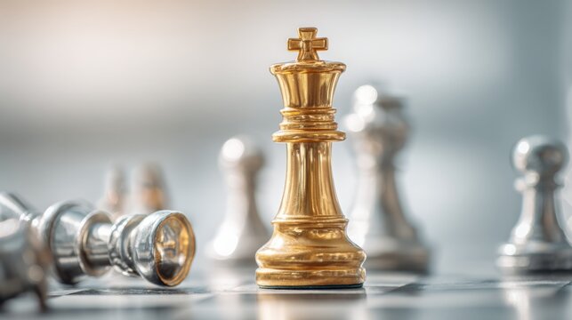 Close-up of a gold queen chess piece with fallen silver pawns on a reflective chessboard.