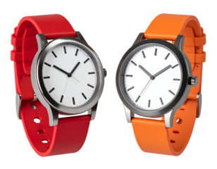 Pair of Bright 3D Plastic Wristwatches in Red and Orange with Minimalist Dials, Transparent Background
