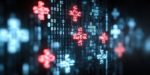 Digital Healthcare Technology Network with Binary Data and Medical Cross Symbols.