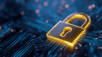 Close-up of a gold padlock symbol on a digital circuit board representing cybersecurity security and protection.