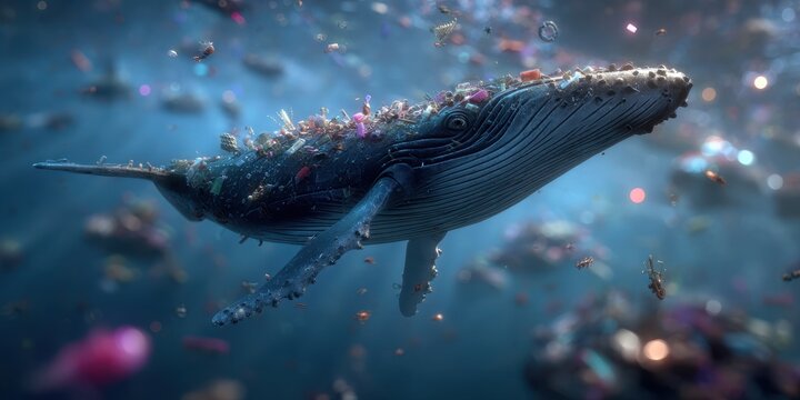 Whale burdened by plastic debris in ocean