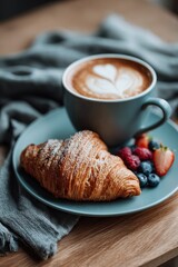 healthy breakfast with coffee croissant fruit