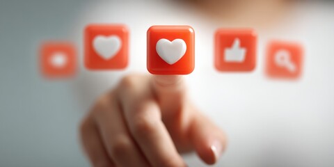 Hands interacting with social media reaction icons on digital interface in modern technology scene.