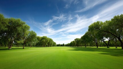 Fototapeta premium Vast green golf course landscape with lush trees and clear blue sky scenery.