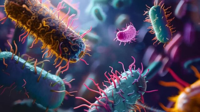 A microscopic view of various bacteria cells with pink and orange appendages in a blue setting