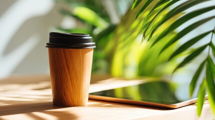 Stylish wooden coffee cup with black lid on wooden table with green indoor plants.
