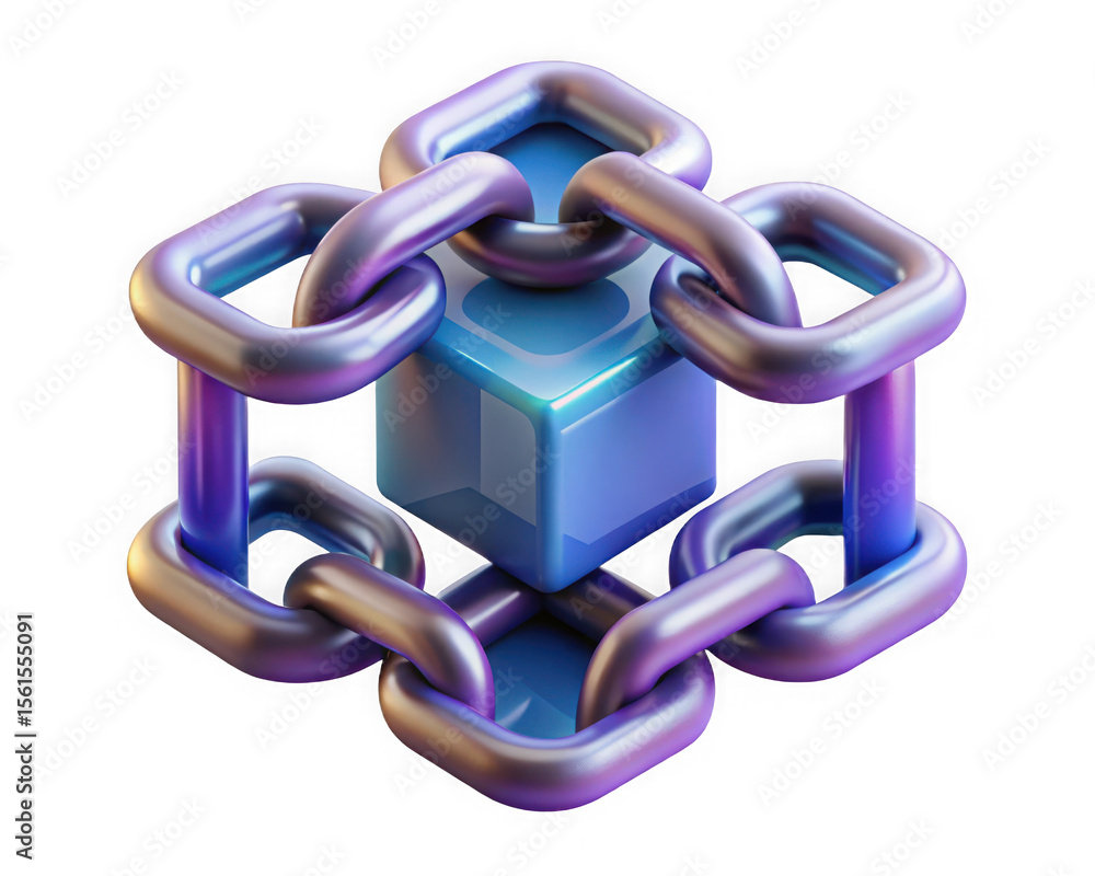 Poster abstract 3d render of cubes linked by a chain, isolated on transparent background