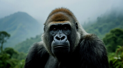 Obraz premium Majestic gorilla portrait with a lush, green jungle backdrop