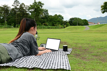 A woman is laying on a blanket in a park, using a laptop. The scene is peaceful and relaxing
