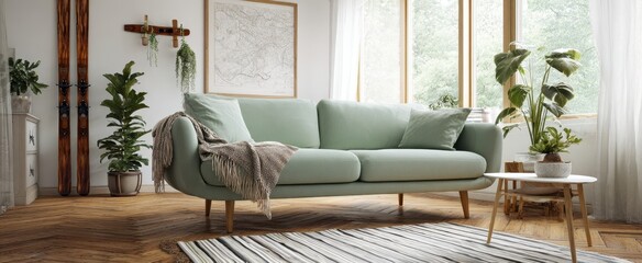 The stylish mint green sofa in a bright and inviting living room.