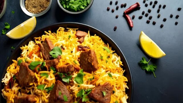 Authentic rice biryani featuring spiced meats and aromatic herbs on a black bowl with spices and lemon, providing a culinary delight.