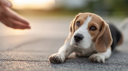 Playful Beagle Puppy Lying on Pavement Outdoors Looking Curious and Calm.