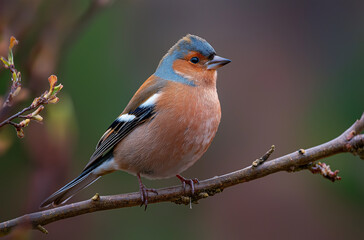 Fototapeta premium Chaffinch bird sitting on a branch, natural background, uccelli, pettirosso,