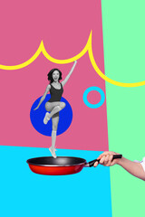Contemporary 3d poster art pop collage of happy girl stand frying pan cooking dinner hand...
