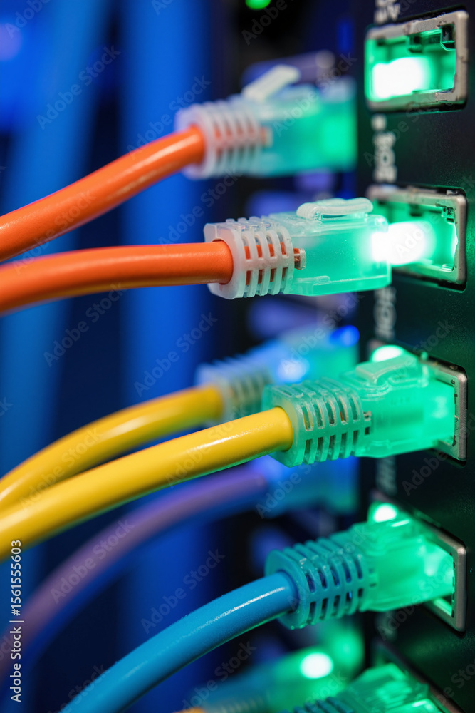 Poster network cables connect to server ports for data transfer and internet connections. data transfer dep