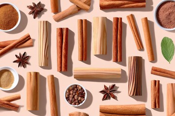 Cinnamon sticks arranged in seamless pattern for wallpaper 