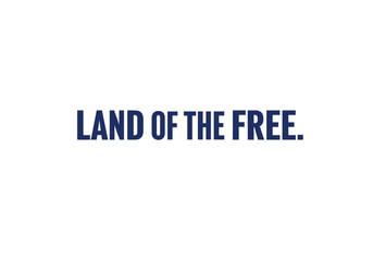 Bold Navy Blue Land of the Free Text on White Background.