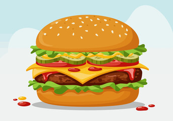 Cartoon Burger with Sesame Seed Bun Lettuce Cheese Tomato and Pickles.