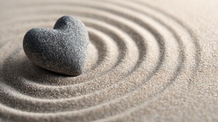 Heart-Shaped Stone on Zen Sand with Raked Circular Pattern for Meditation and Calmness.