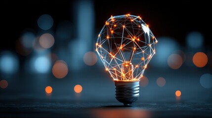 Bright glowing lightbulb with interconnected lines and digital network theme.