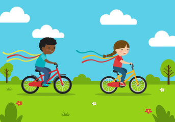 Cartoon Children Riding Bicycles with Streamers in a Sunny Outdoor Scene.
