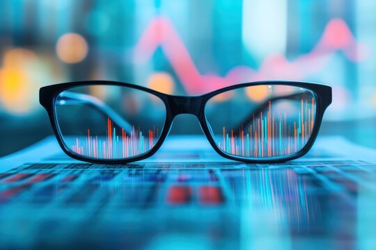 symbolic business image with financial reports, glasses, and modern digital interface