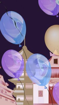 Digital animation of multiple balloons floating over ancient pagoda against black background