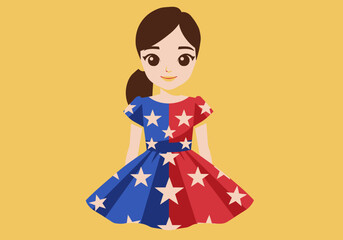 Cartoon Girl in Patriotic Dress with Stars and Stripes Design 1.