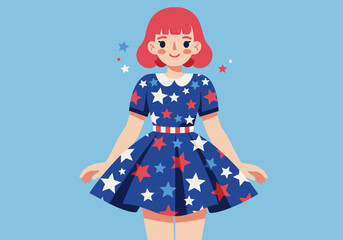 Cartoon Girl in Patriotic Dress with Stars and Stripes Design.