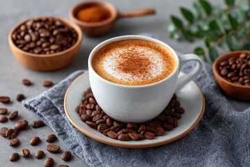 Cappuccino in a white porcelain cup with creamy foam and cinnamon dust, surrounded by coffee beans 