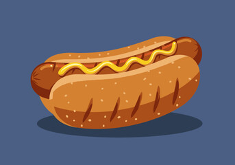 Cartoon Hot Dog with Mustard Classic American Fast Food Illustration.