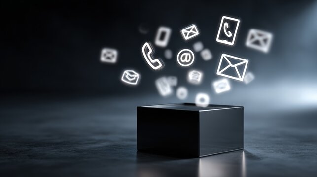 Digital Communication Icons Floating Above a Black Box in a Modern Technology Scene.