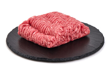Ground Beef Pile on Black Slate, isolated on white background