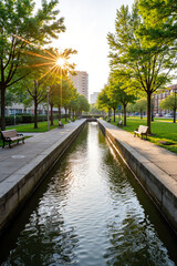 Serene cityscape canal reflects sun and trees, providing quiet urban respite. Cityscape canal water offers visual harmony, light reflecting from surface. Enjoy cityscape canal with trees, benches,