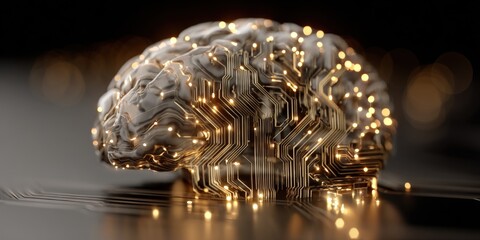 Detailed close-up of a futuristic artificial intelligence brain with glowing circuitry.
