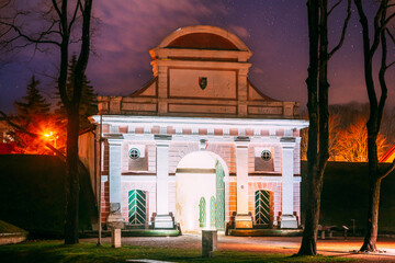 Parnu, Estonia. Tallinn Gate Is Historical Fortification Of Parnu. 17th Century Gate. Night View