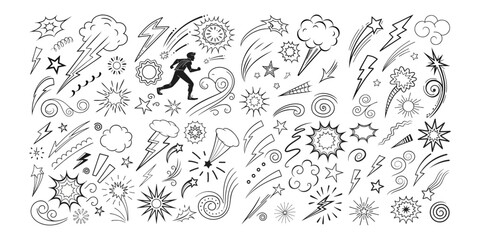 Comic line sparkle and movement elements set. black ink motion accents, burst effects, and dynamic hand drawn stroke symbols perfect for manga, cartoon, or pop art vector illustration projects