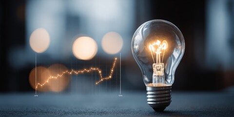 Creative illuminated light bulb with glowing filament and abstract financial chart.