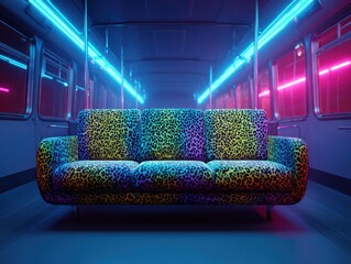Colorful neon lit subway train interior with vibrant patterned sofa in tunnel.
