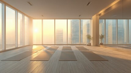 Bright modern yoga studio with large windows overlooking cityscape at sunrise.