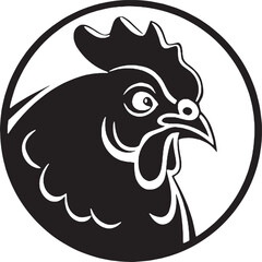 Bold rooster head silhouette inside a black circle, ideal for modern farm branding, logos, and food labels.