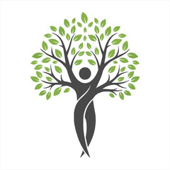 A stylized illustration of a person integrated into a tree, reaching upwards, tree logo