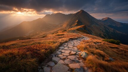 Breathtaking mountain landscape with rocky path during sunset in scenic wilderness.