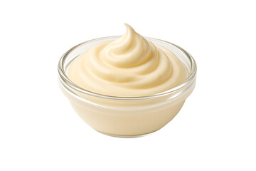 Creamy mayonnaise swirl in glass bowl isolated on transparent background