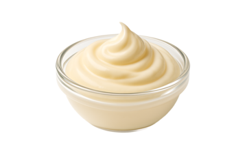 Creamy mayonnaise swirl in glass bowl isolated on transparent background