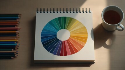 Color wheel chart with colored pencils on table beside a cup of tea or coffee.