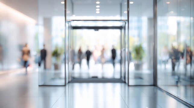 Modern glass entrance hall with automatic doors and blurred people motion.
